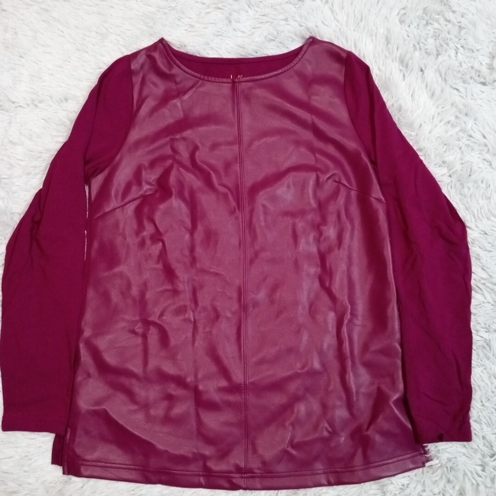 Belle Kim Gravel Shirt Womens Top Red XXS Pullover Faux Leather Knit Sleeves